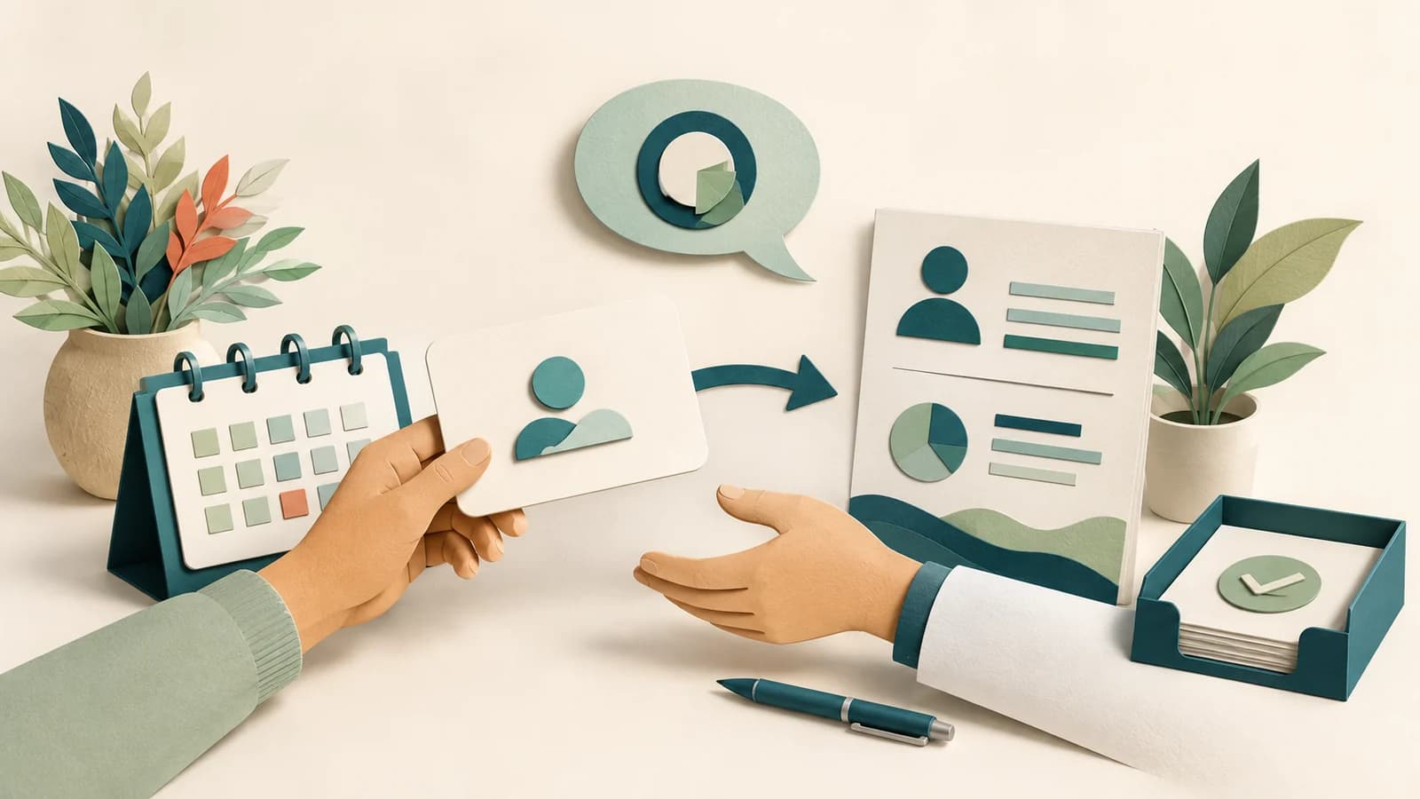 Illustration of a clear allied-health report request moving from a family to a clinician beside a calendar and completed report.