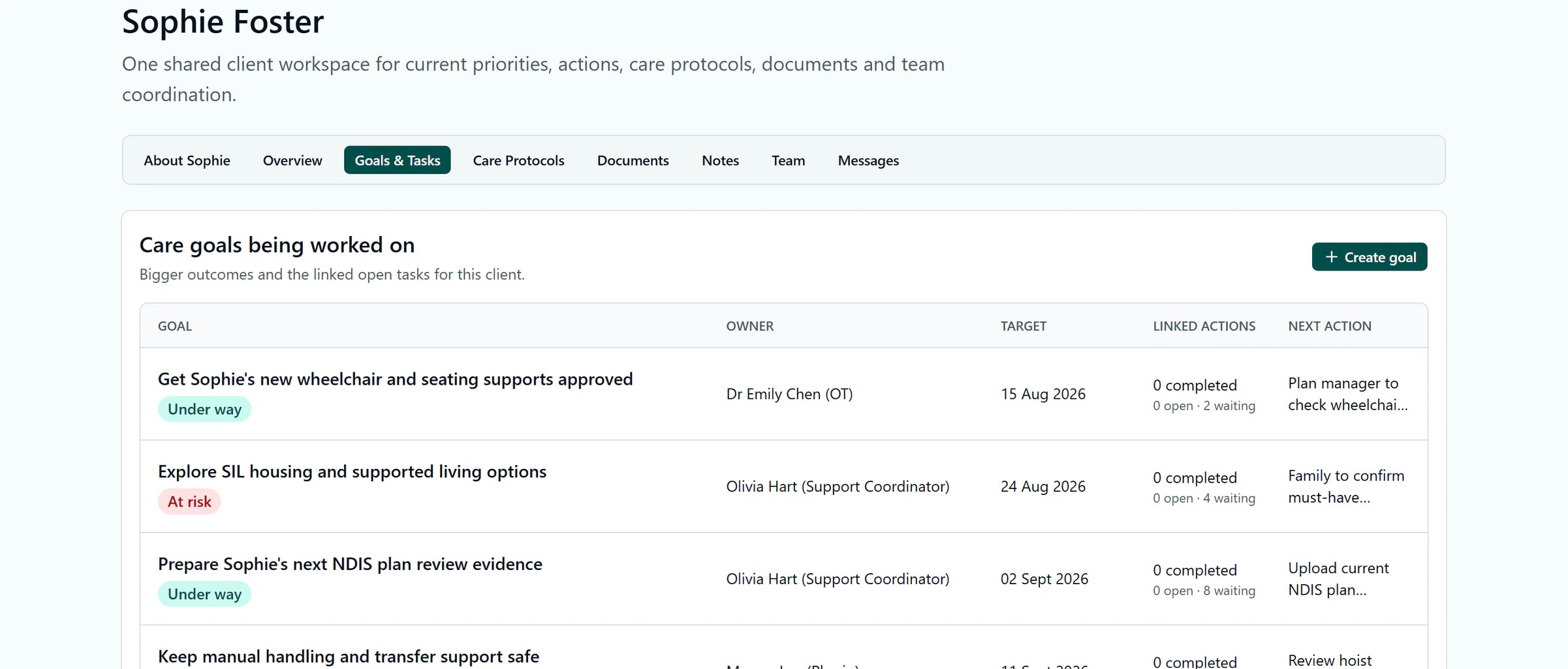Kinovo professional view of Sophie's shared goals and tasks