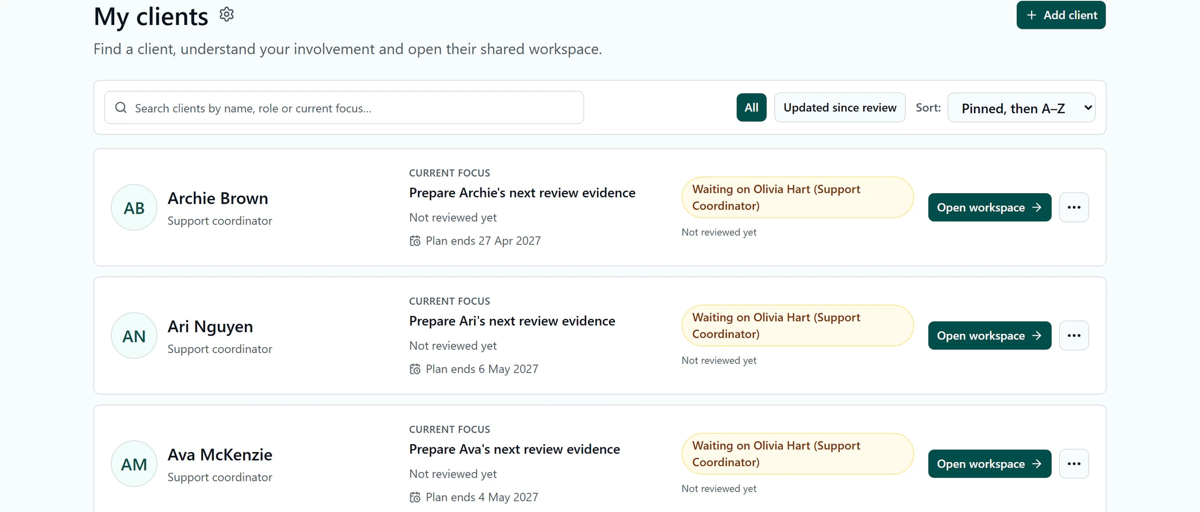Kinovo professional client list showing example care-team workspaces
