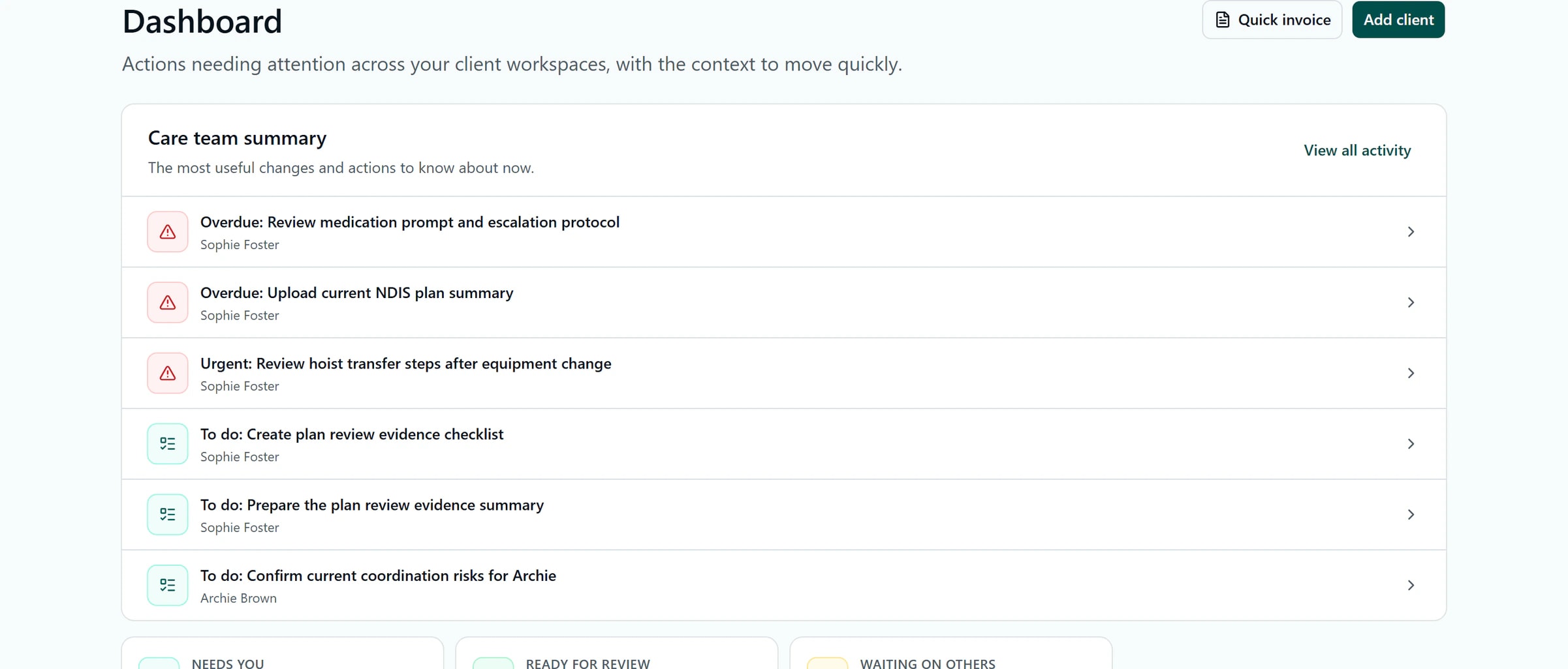 Olivia's professional Kinovo dashboard showing client teams, attention signals and protocol reviews in an example workspace
