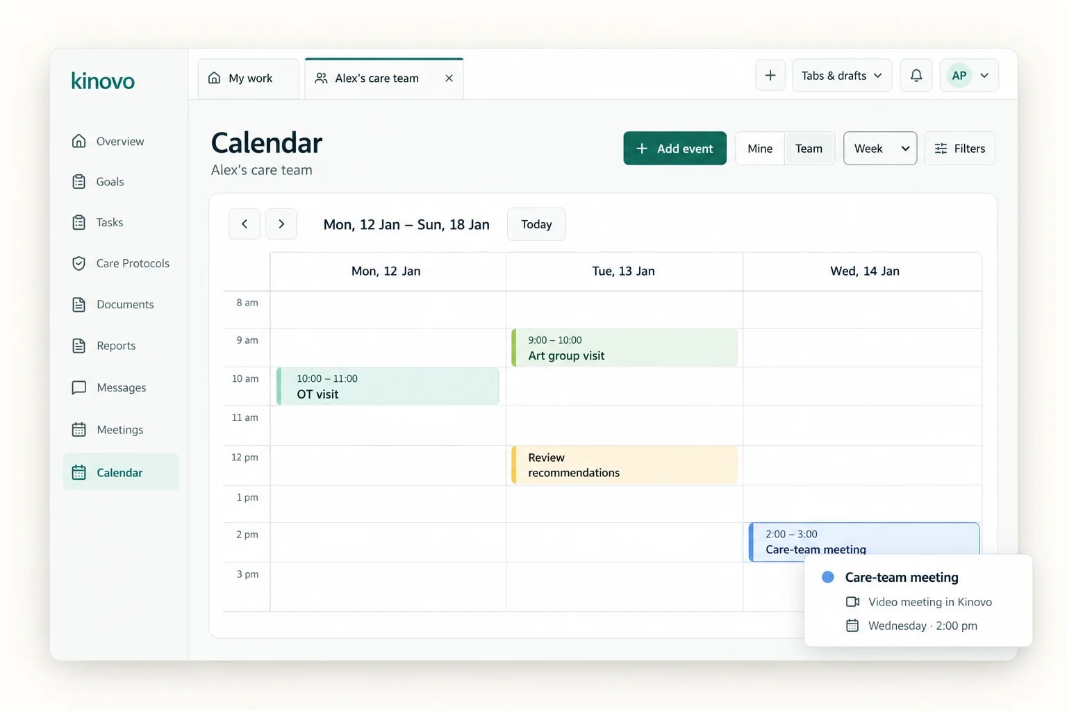 Illustrative shared calendar with Alex’s visit and a care-team meeting