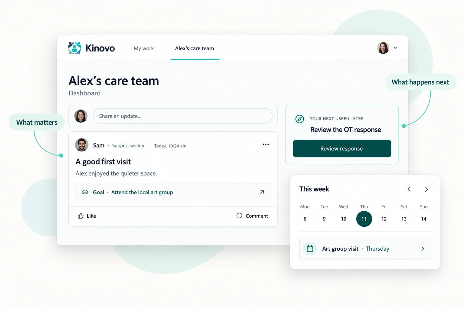 Illustrative Kinovo care-team overview showing Alex’s priority, recent updates and the next appointment