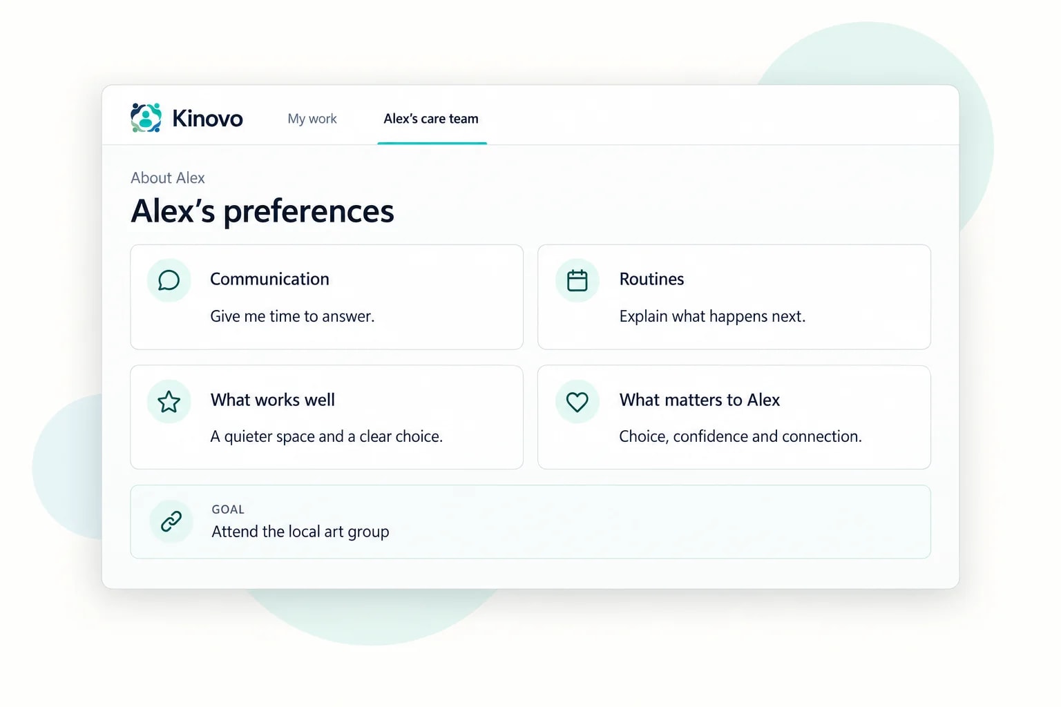 Illustrative Kinovo preferences showing Alex’s communication and support information