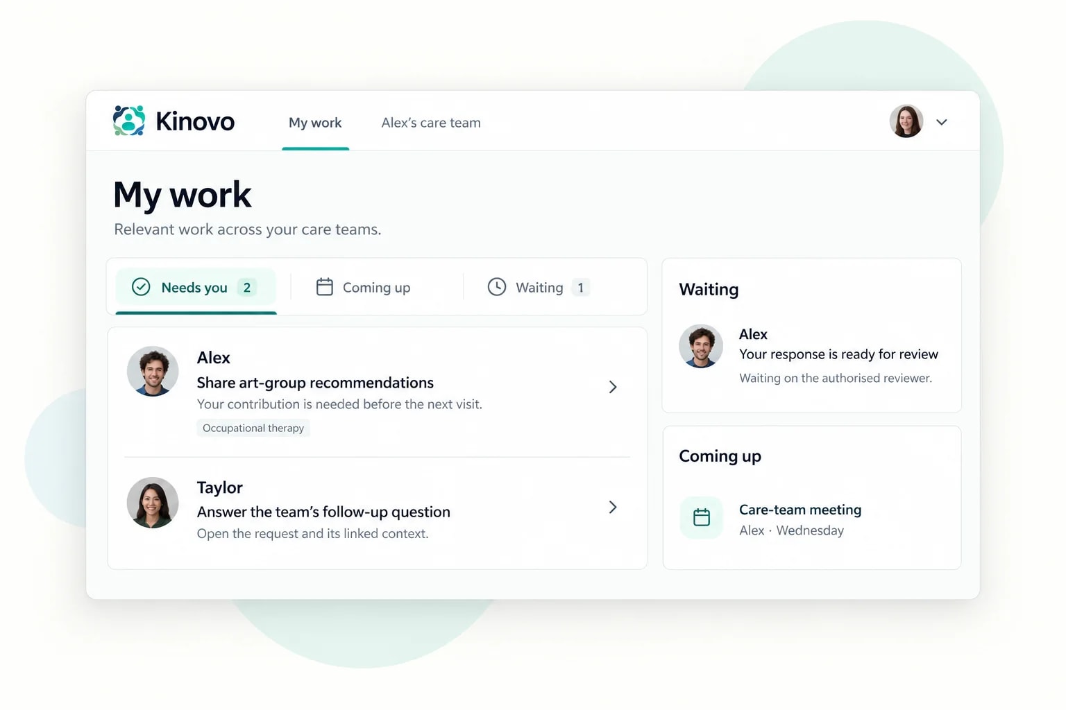 Kinovo’s professional work view showing relevant requests across fictional client care teams