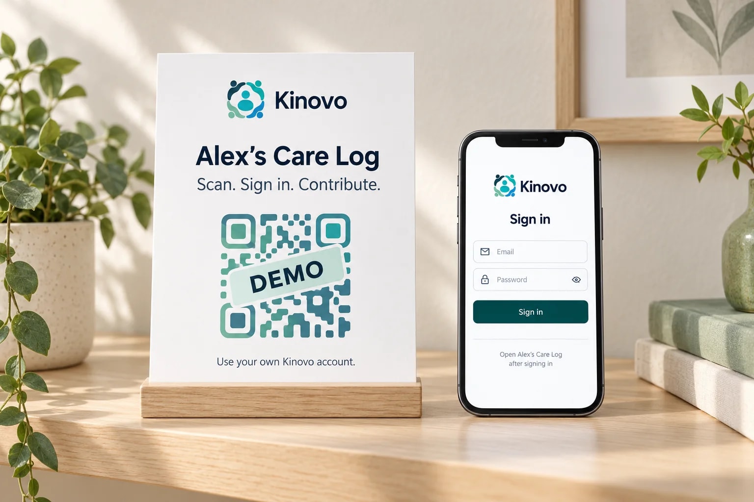 Illustrative printed Kinovo Care Log sign beside a phone, showing the scan and sign-in workflow
