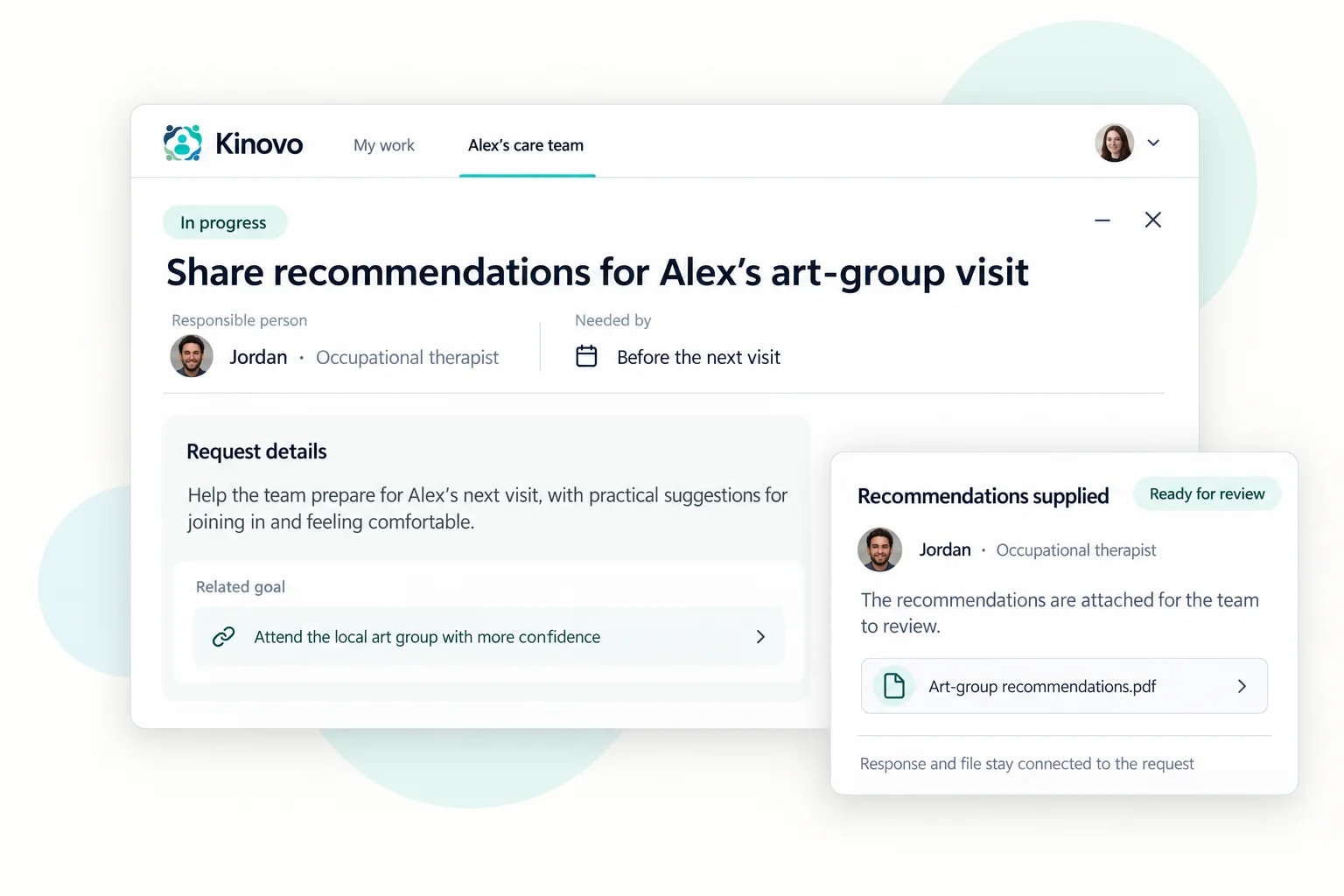 Illustrative Kinovo request for Alex’s art-group recommendations, with a named owner and a response ready for review
