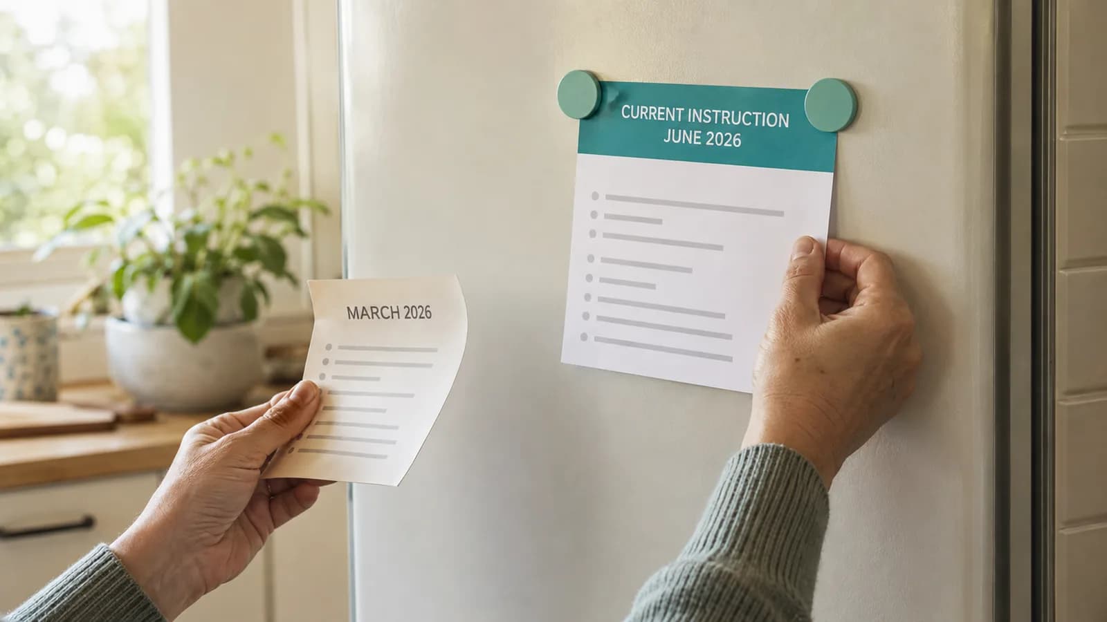 Hands replacing a March instruction sheet on a fridge with a current instruction card dated June 2026.
