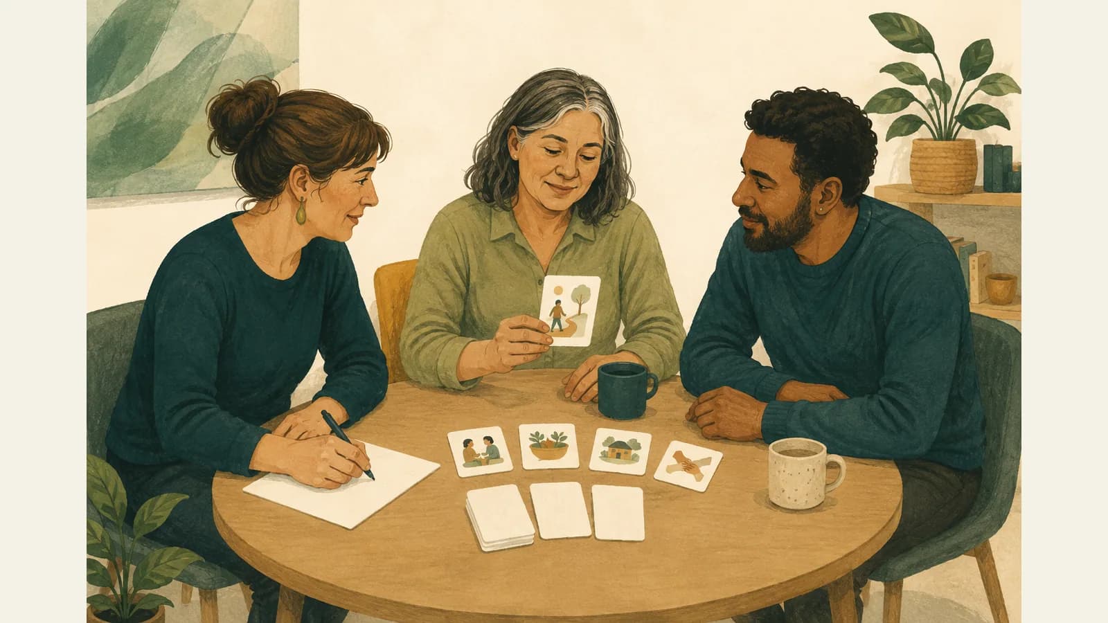 Illustration of a participant choosing an activity card while two care-team supporters listen and take notes.