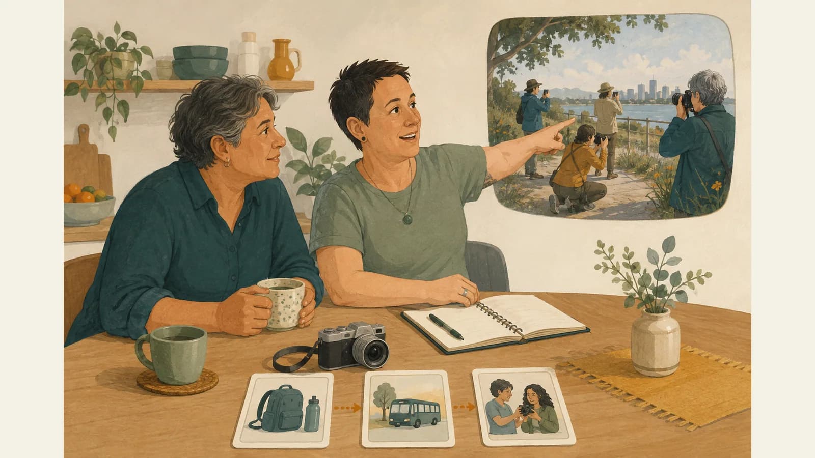 Illustration of a participant and chosen supporter planning a visit to a community photography group.