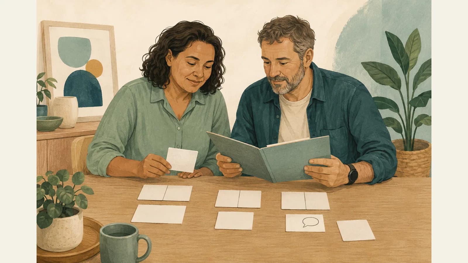 Illustration of a participant and family supporter organising a folder and cards into practical next steps.