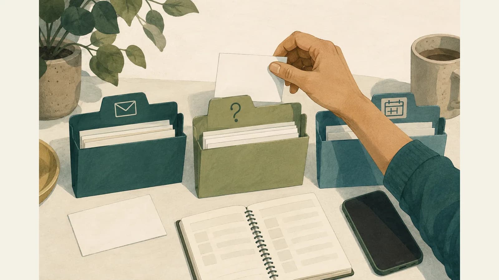 Illustration of separate enquiry folders, a notebook and a phone used to organise provider responses.