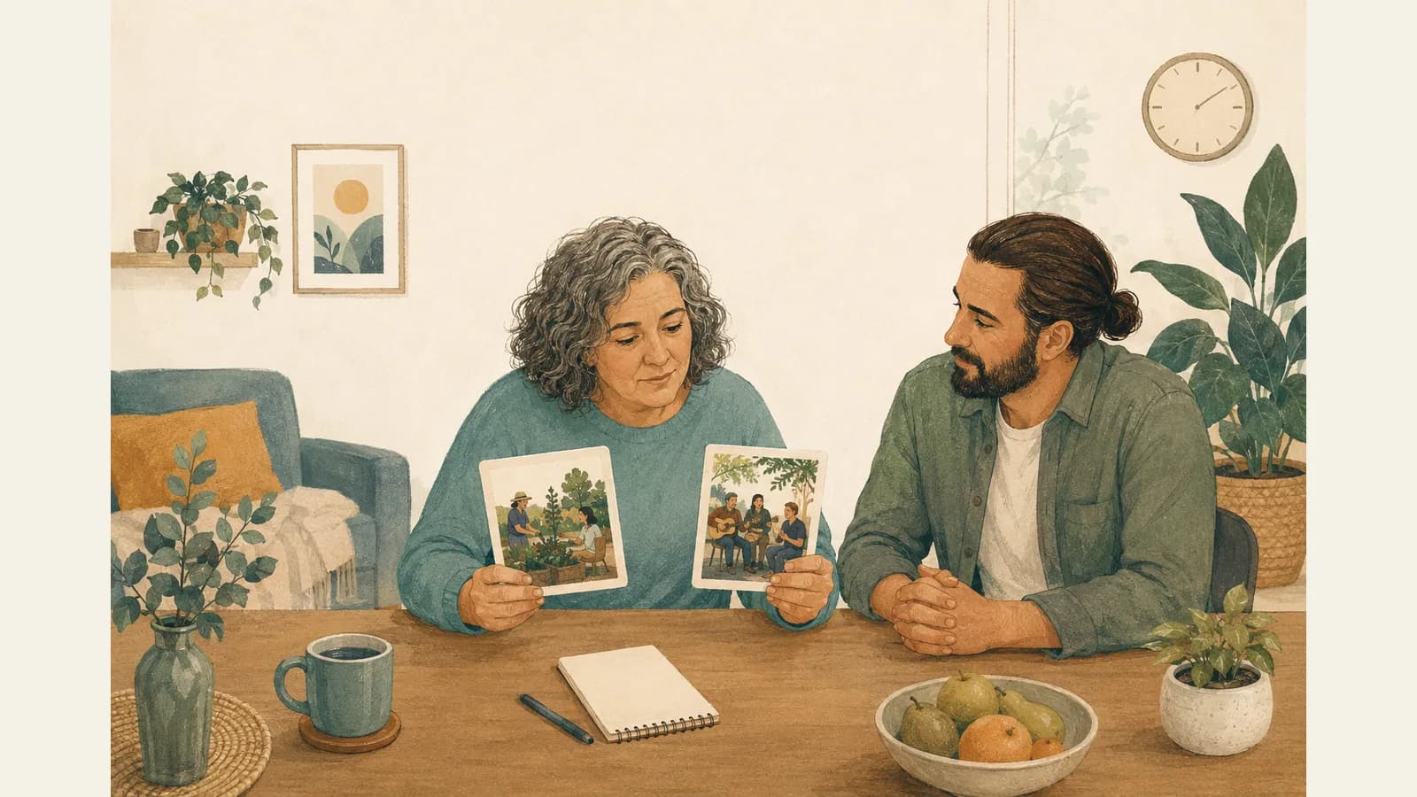 Illustration of an adult considering two community activity picture cards while a chosen supporter listens.