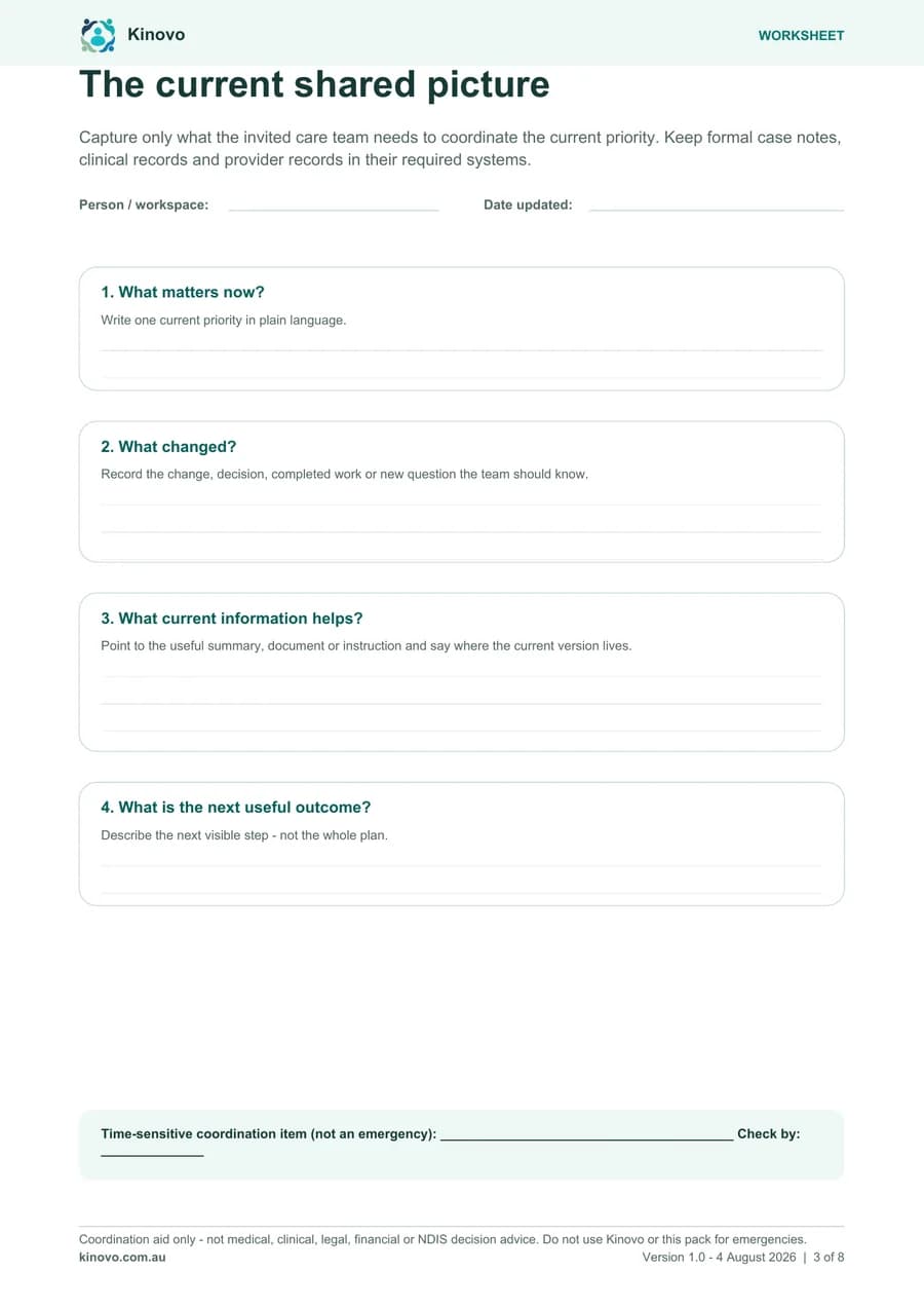 The current shared picture worksheet with space for what matters, what changed and the next useful outcome.
